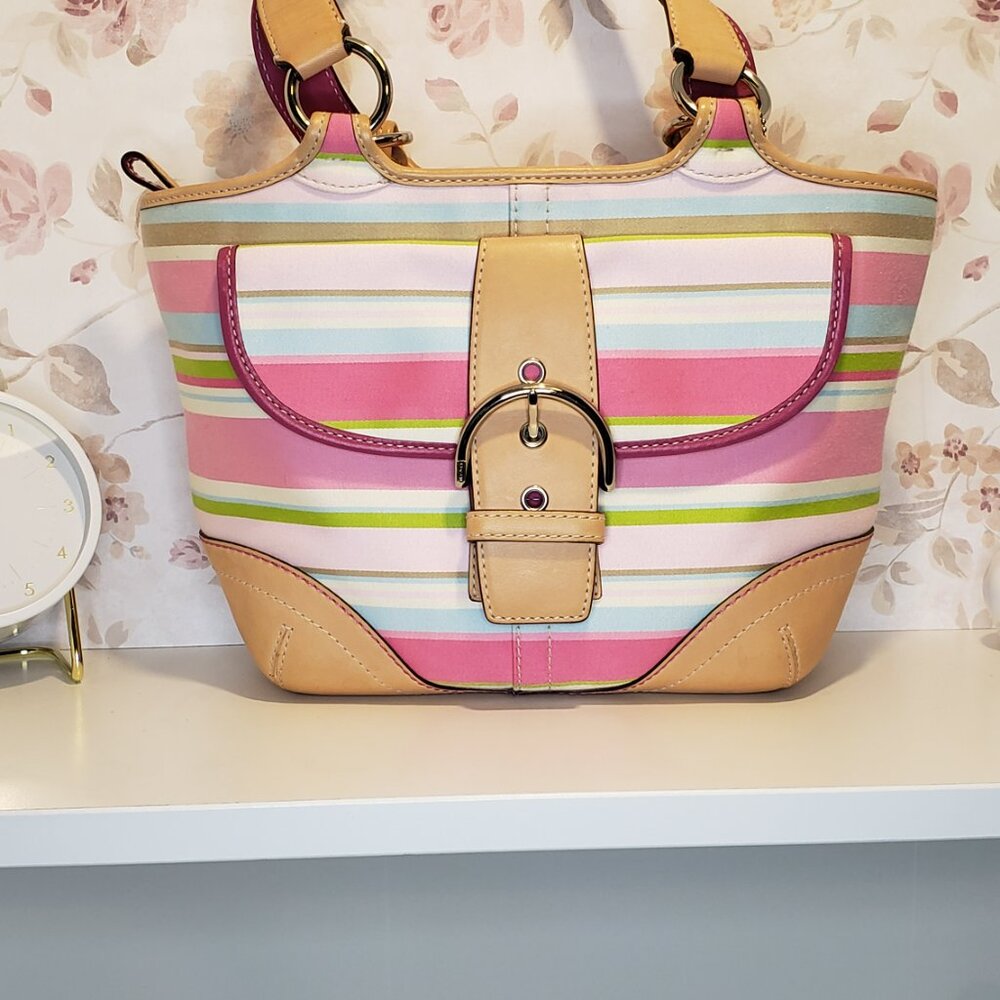 Vintage COACH 1889 Hampton Soho Multi-color Striped Canvas & Leather Buckle Tote - Picture 6 of 13